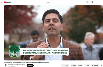 A screenshot of a YouTube video titled "The State of the Township 2026 Address at Canton Village Theater featuring Democratic Leader Ranjeev Puri speaking. Beneath him, in the video, a banner reads "Millions in Infrastructure Funding for Roads, Sidewalks and Bridges. A screenshot of a YouTube video titled "The State of the Township 2026 Address at Canton Village Theater featuring Democratic Leader Ranjeev Puri speaking. Beneath him, in the video, a banner reads "Millions in Infrastructure Funding for Roads, Sidewalks and Bridges.