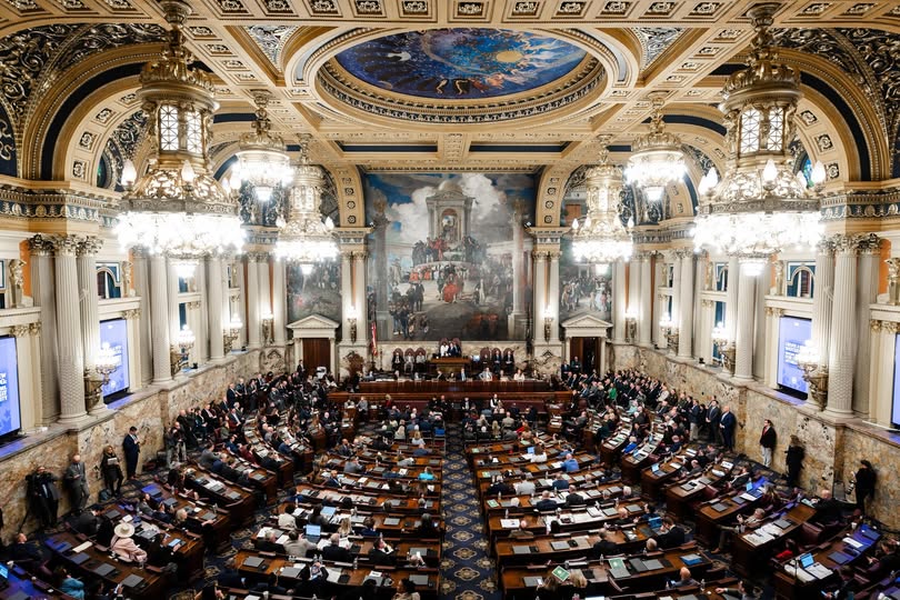 Image of Representative Ben Sanchez asking a question to the Department of State representatives during a Appropriations Committee Hearing in Harrisburg