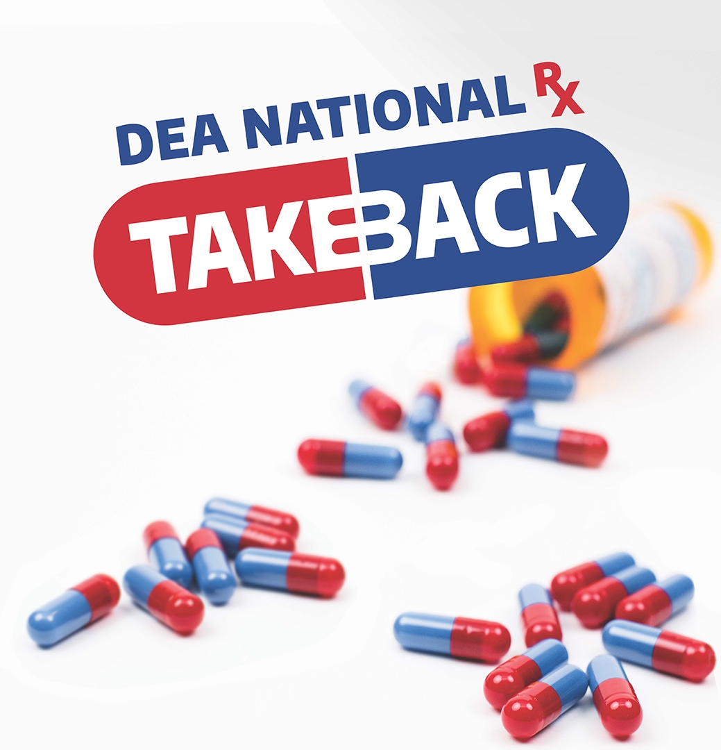 Drug take back flyer with red and blue pills.
