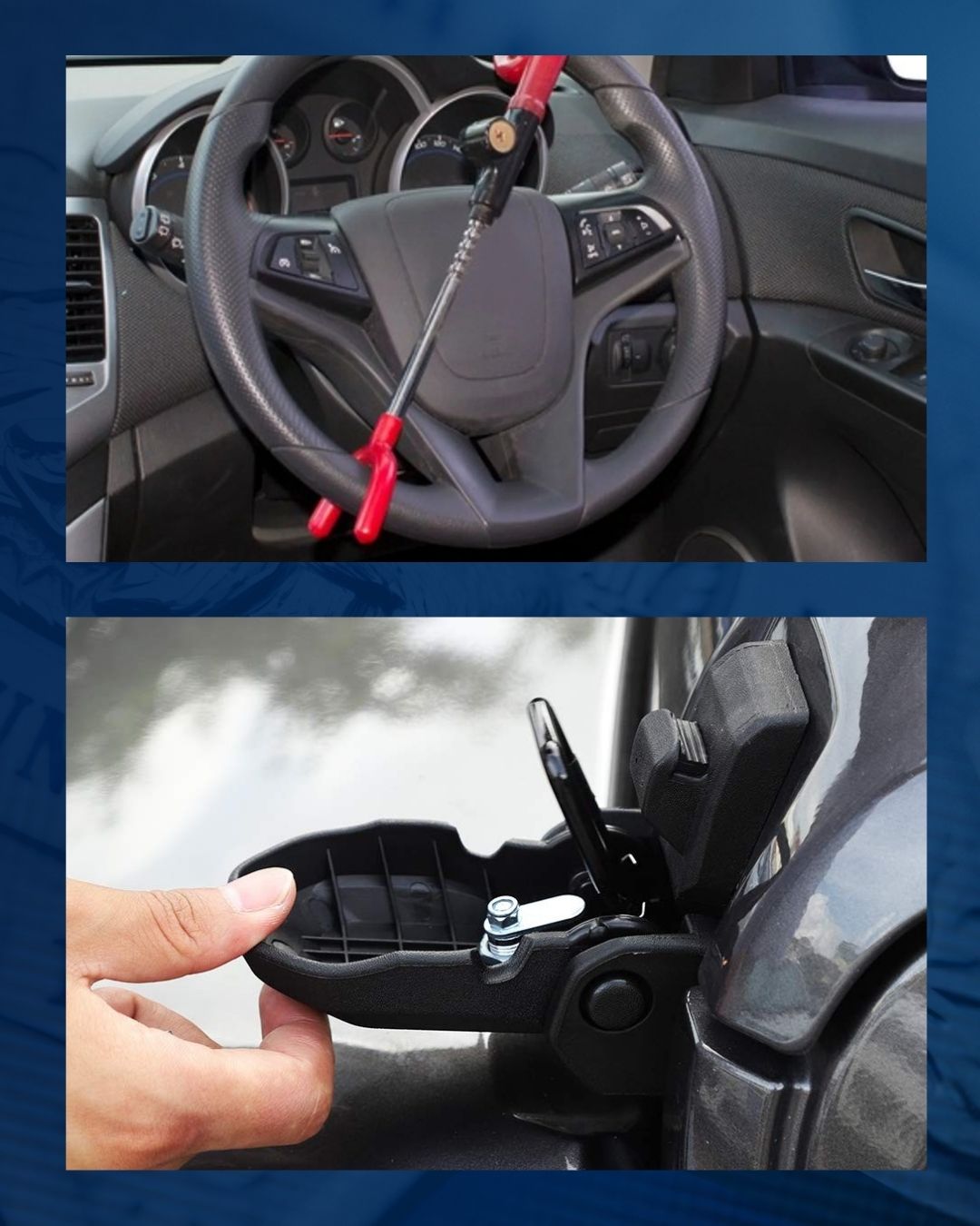 A steering wheel with lock and hood locks.