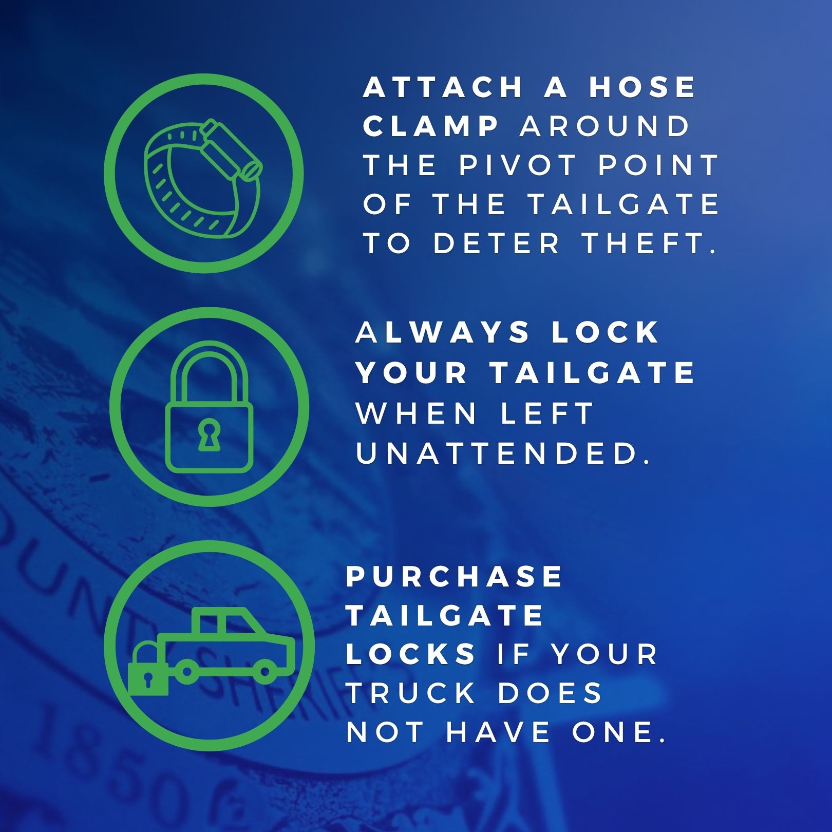 Icons that show how to keep vehicles safe.