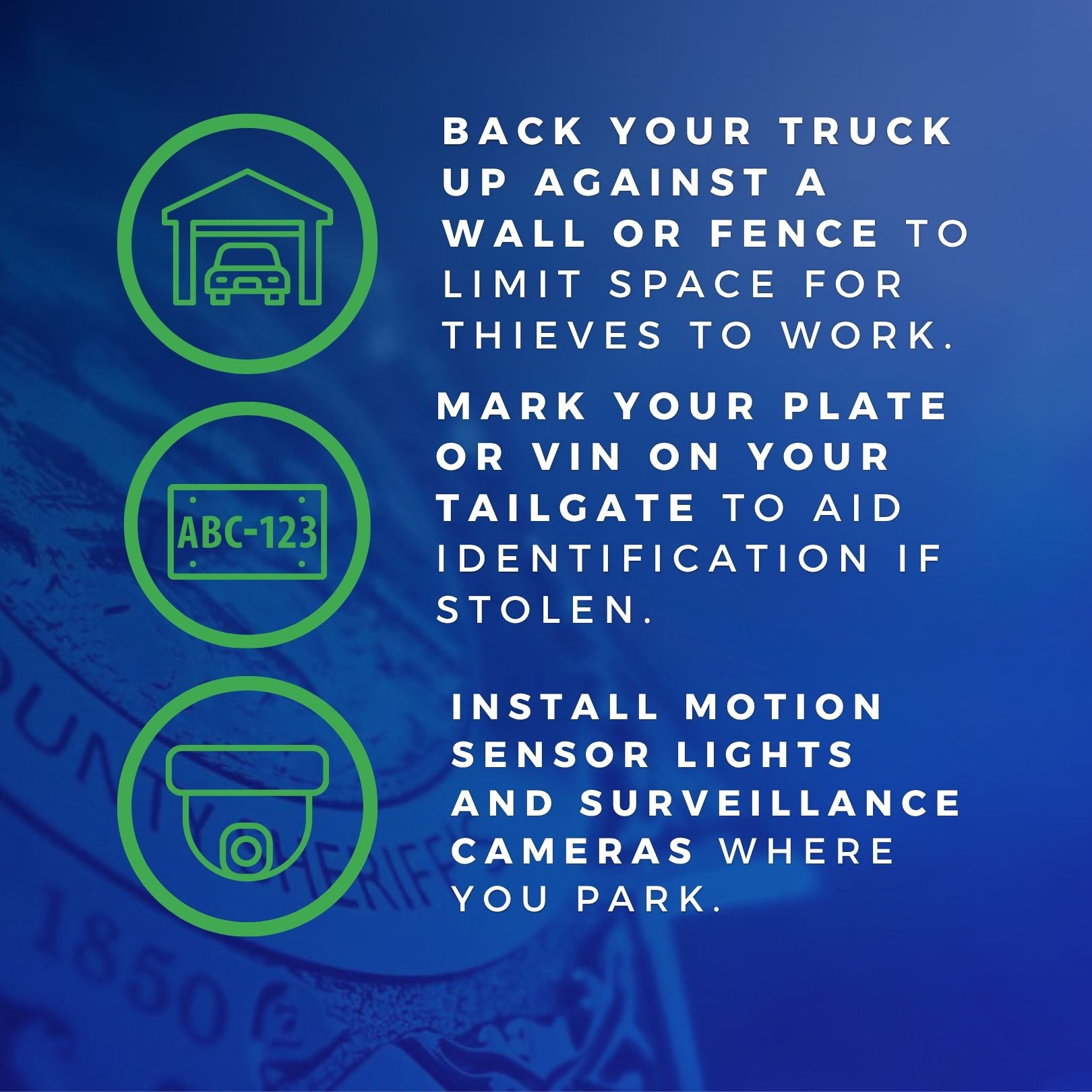 Icons that show how to keep vehicles safe.