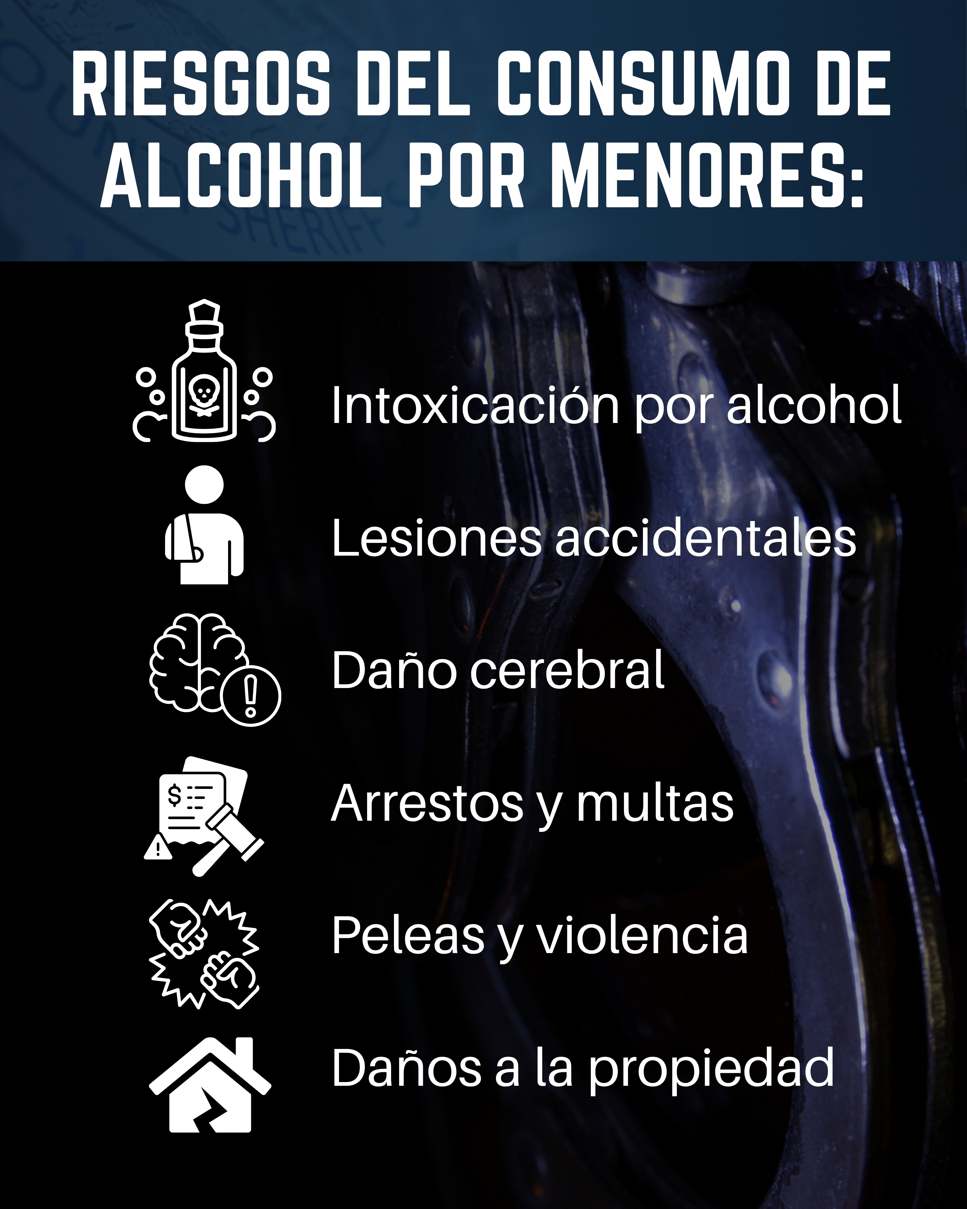 Risks of underage drinking with hand cuffs on the background with white icons, Brain damage, Arrests and fines, fighting and violence and property damage.