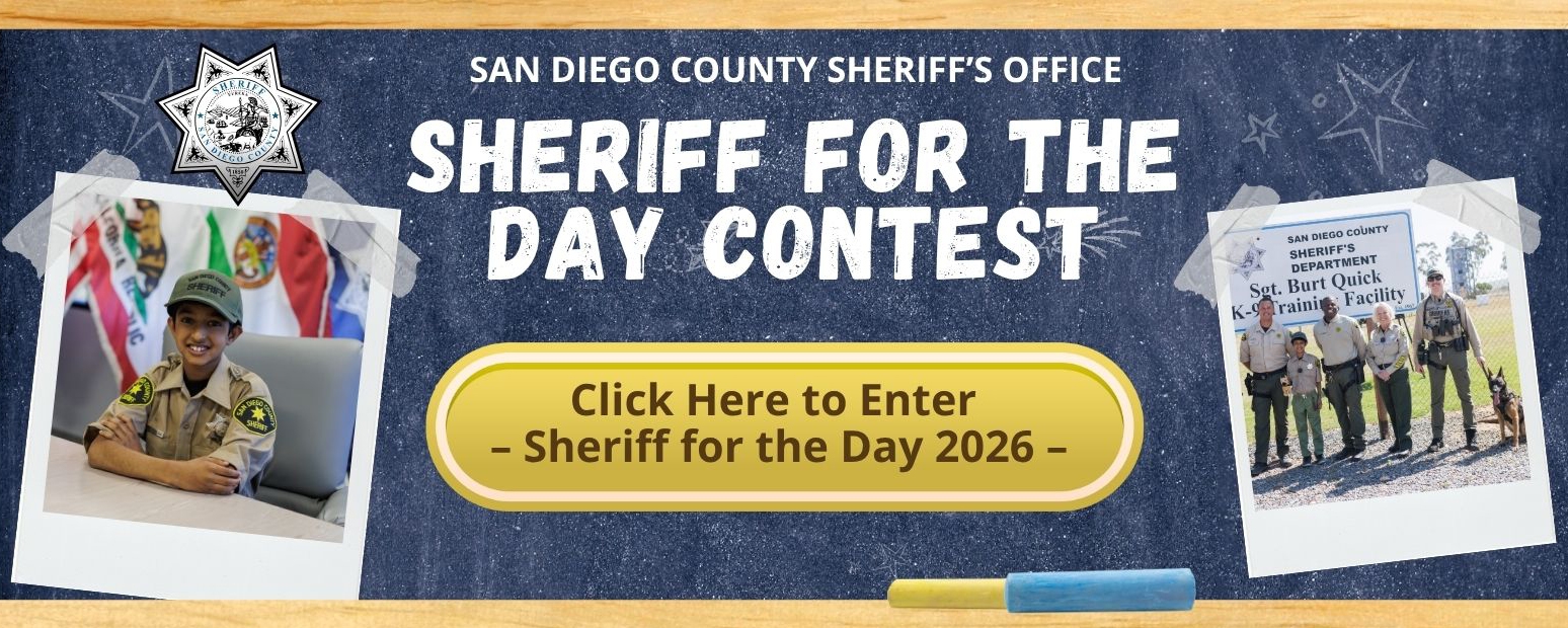 Sheriff for the day click here for form there is an image of a black board with chalk and four photos of deputies.