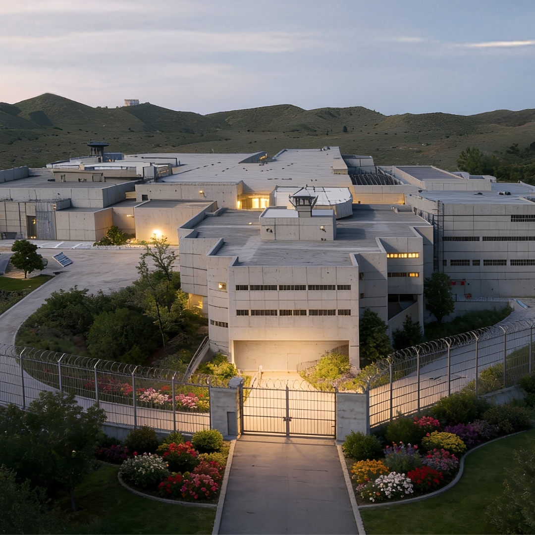 Exterior view of the Vista Detention Facility, a large modern concrete building with multiple connected sections and security fencing. The entrance gate is centered in the foreground, surrounded by landscaped flower beds and greenery. Hills and open land are visible in the background under early evening light.