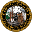 Placer County round logo featuring a train and shovel and tracks and crops
