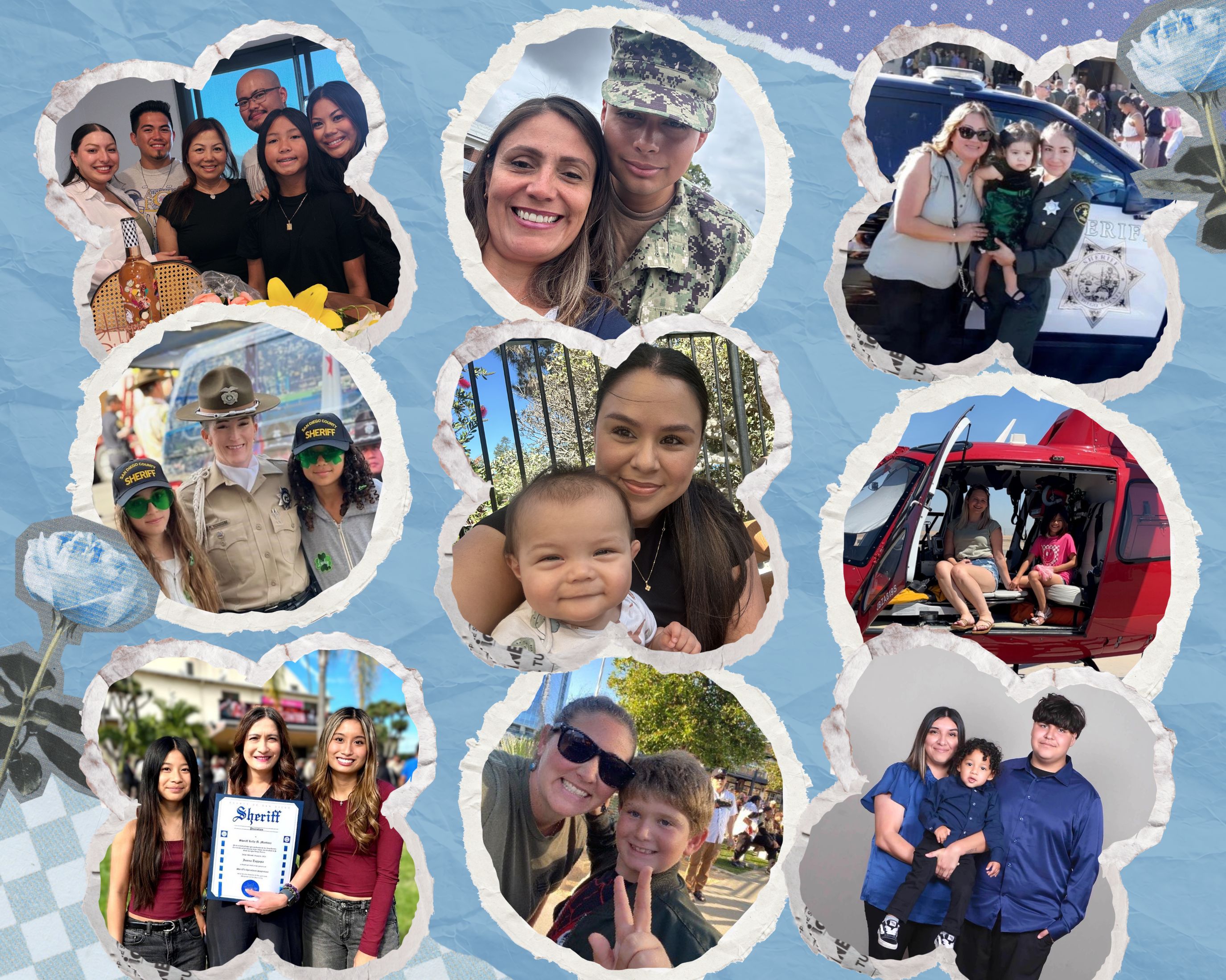 A collage of nine photos arranged on a blue textured background. The images show various people in different outdoor and event settings, including individuals in uniforms, children and adults posing together, a red emergency vehicle with people sitting inside, and a certificate being held in one of the photos. Decorative scrapbook-style borders surround each picture.