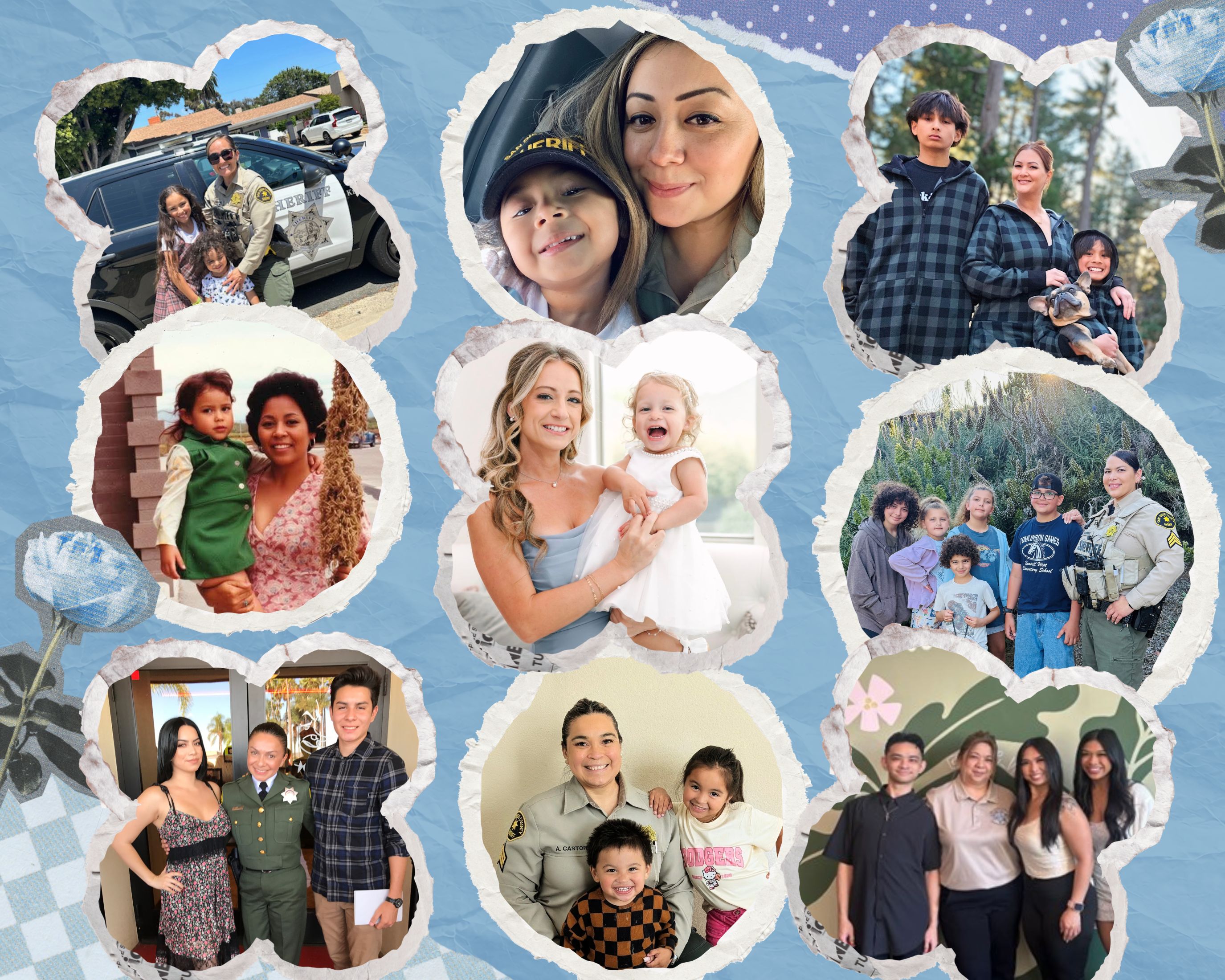 A collage of nine photos arranged on a blue textured background with floral and patterned accents. The images show various people in different settings, including individuals standing beside a law‑enforcement vehicle, a person holding a small child, a person holding a baby dressed in white, a group of children and an adult in a uniform outdoors, and people posing together at events or gatherings. Each photo has a torn‑paper style border giving the collage a scrapbook look.