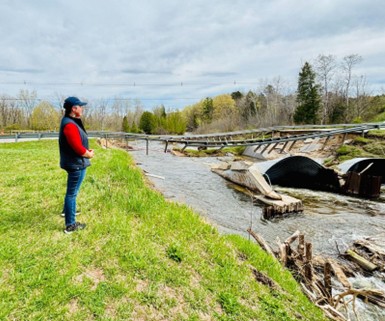 State Representative Betsy Coffia looking out over the flooding damage at Beitner Road Bridge. State Representative Betsy Coffia looking out over the flooding damage at Beitner Road Bridge.