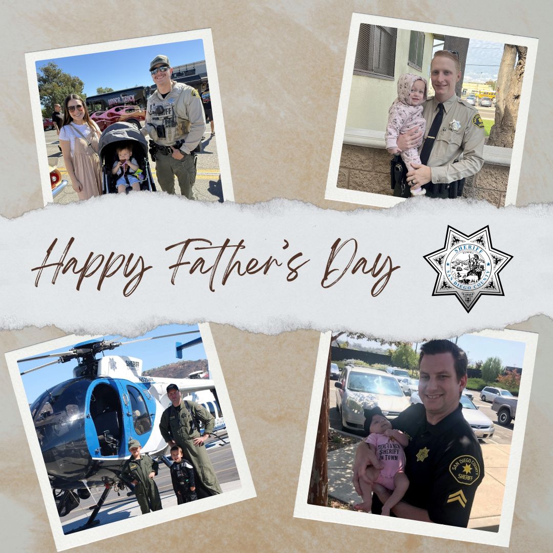 A Mother’s Day collage with a blue textured background featuring several cut‑out photo frames shaped like circles and hearts. The center contains a heart with the text “Happy Mother’s Day.” The surrounding photos show uniformed sheriff’s personnel interacting with children and family members in outdoor and community settings, including standing beside a sheriff’s vehicle, giving hugs, holding children, and participating in casual moments at a park. Floral and patterned scrapbook-style accents decorate the layout.