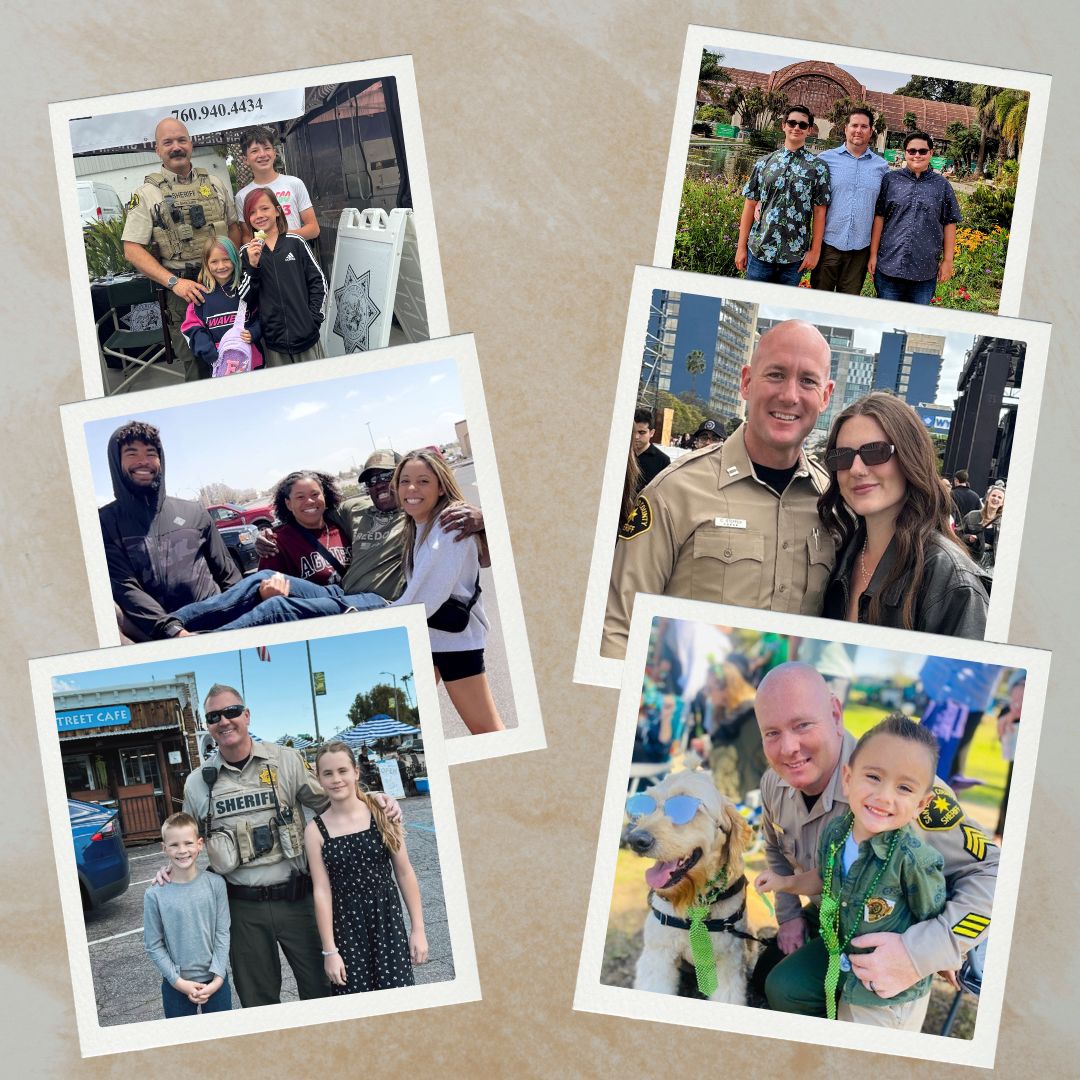 A collage of nine photos arranged on a blue textured background. The images show various people in different outdoor and event settings, including individuals in uniforms, children and adults posing together, a red emergency vehicle with people sitting inside, and a certificate being held in one of the photos. Decorative scrapbook-style borders surround each picture.