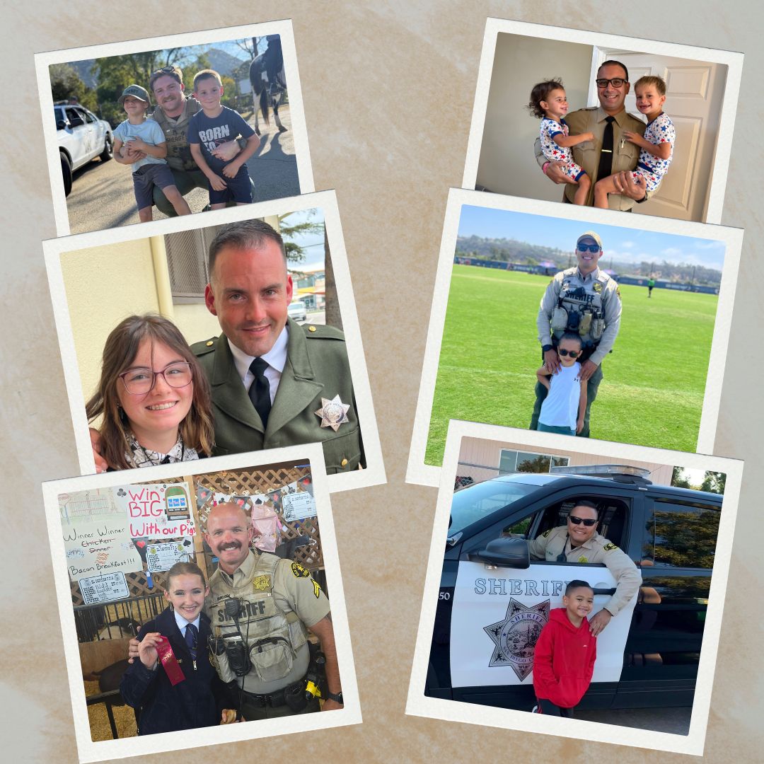 A collage of six photos showing individuals in uniforms and children or community members posing together in various outdoor and indoor settings. The images include people standing beside vehicles, on a grassy field, and in front of colorful backdrops.