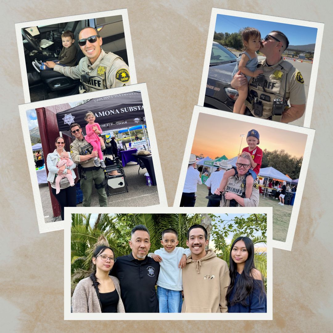 A collage of five photos showing individuals in uniforms spending time with children and families in various outdoor settings. The images include people standing beside vehicles, holding children, and posing together in parks and public spaces.