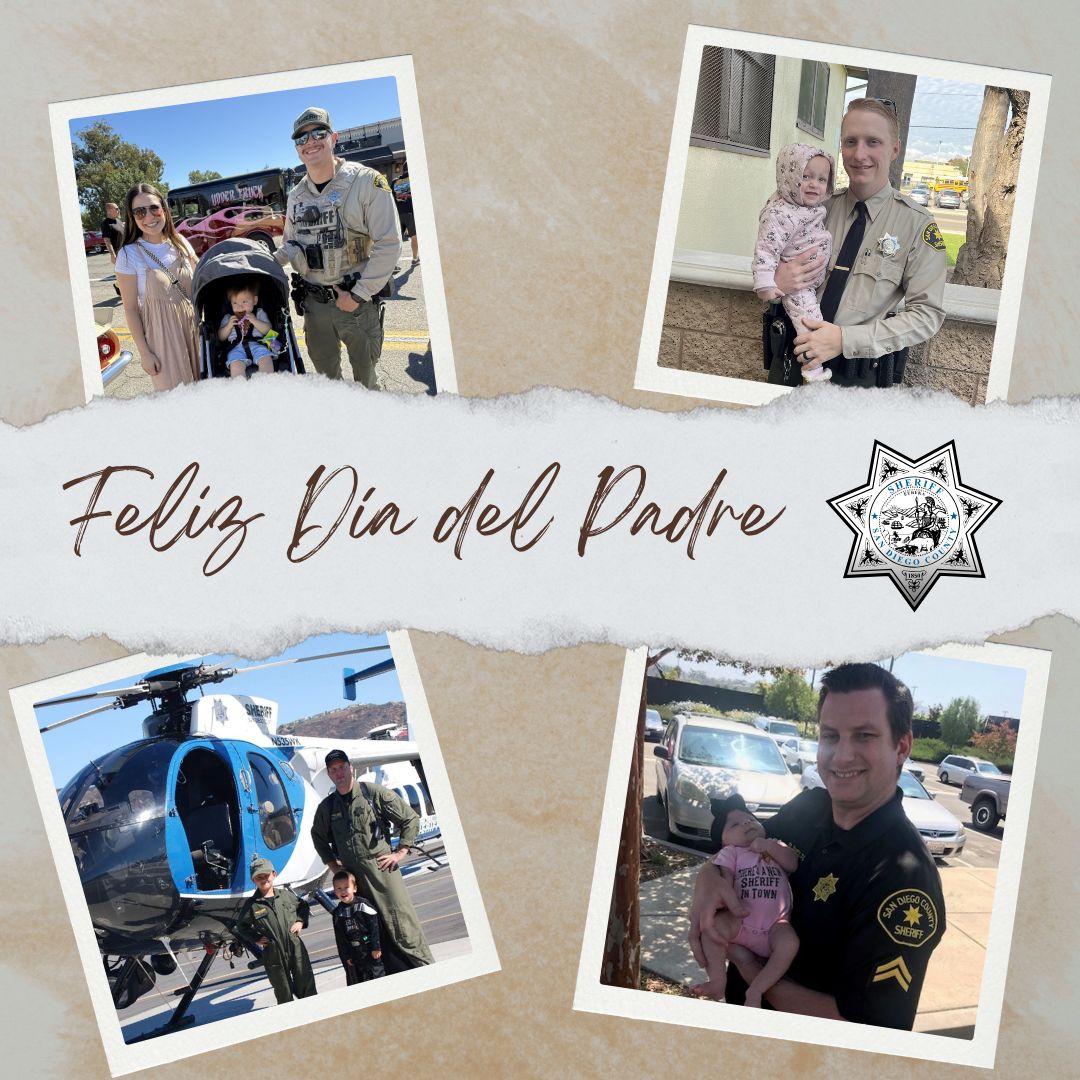 A Mother’s Day collage with a blue textured background featuring several cut‑out photo frames shaped like circles and hearts. The center contains a heart with the text “Happy Mother’s Day.” The surrounding photos show uniformed sheriff’s personnel interacting with children and family members in outdoor and community settings, including standing beside a sheriff’s vehicle, giving hugs, holding children, and participating in casual moments at a park. Floral and patterned scrapbook-style accents decorate the layout.