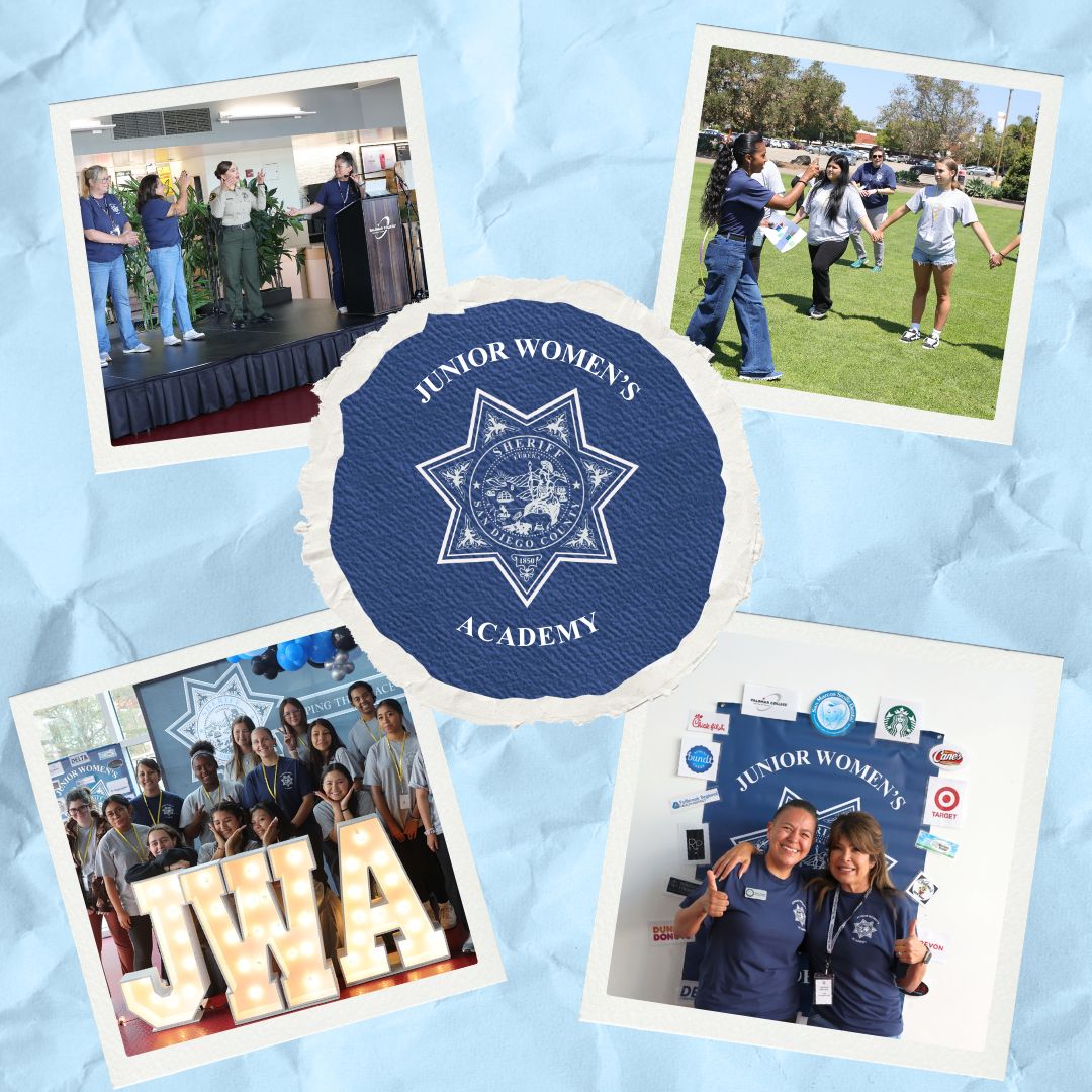 A Mother’s Day collage with a blue textured background featuring several cut‑out photo frames shaped like circles and hearts. The center contains a heart with the text “Happy Mother’s Day.” The surrounding photos show uniformed sheriff’s personnel interacting with children and family members in outdoor and community settings, including standing beside a sheriff’s vehicle, giving hugs, holding children, and participating in casual moments at a park. Floral and patterned scrapbook-style accents decorate the layout.