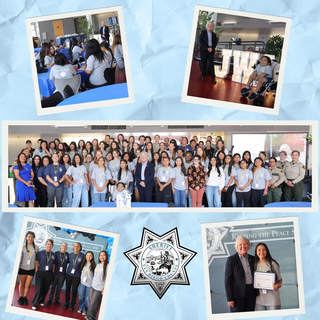 A large group of participants and staff stand together in an indoor event space, with two smaller photos below showing a group posing in front of a backdrop and an individual receiving a certificate, all centered around a star-shaped emblem labeled 'Sheriff San Diego County' against a light blue textured background.