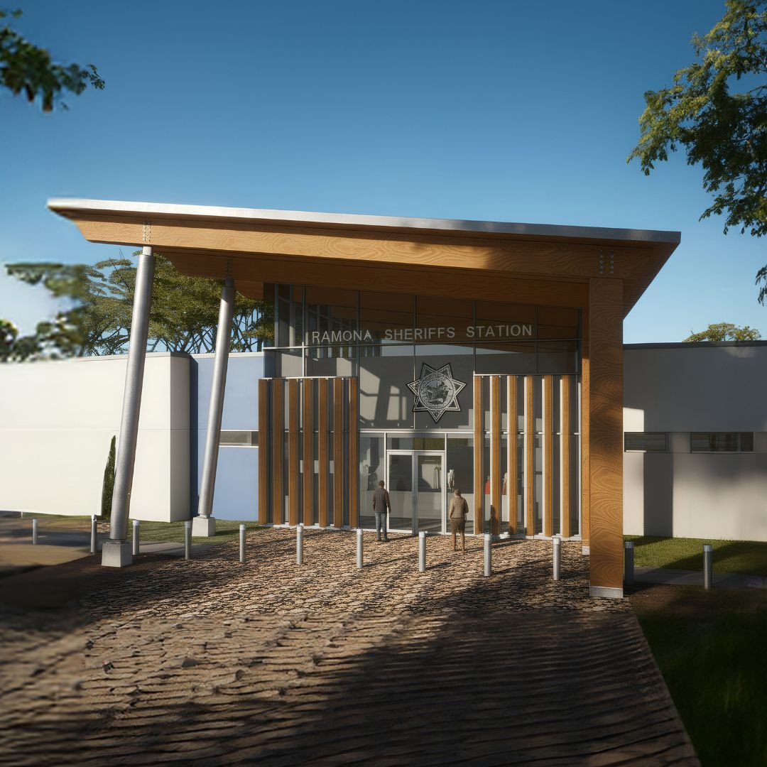 Ramona Substation building outside a mock up of what it could look like.