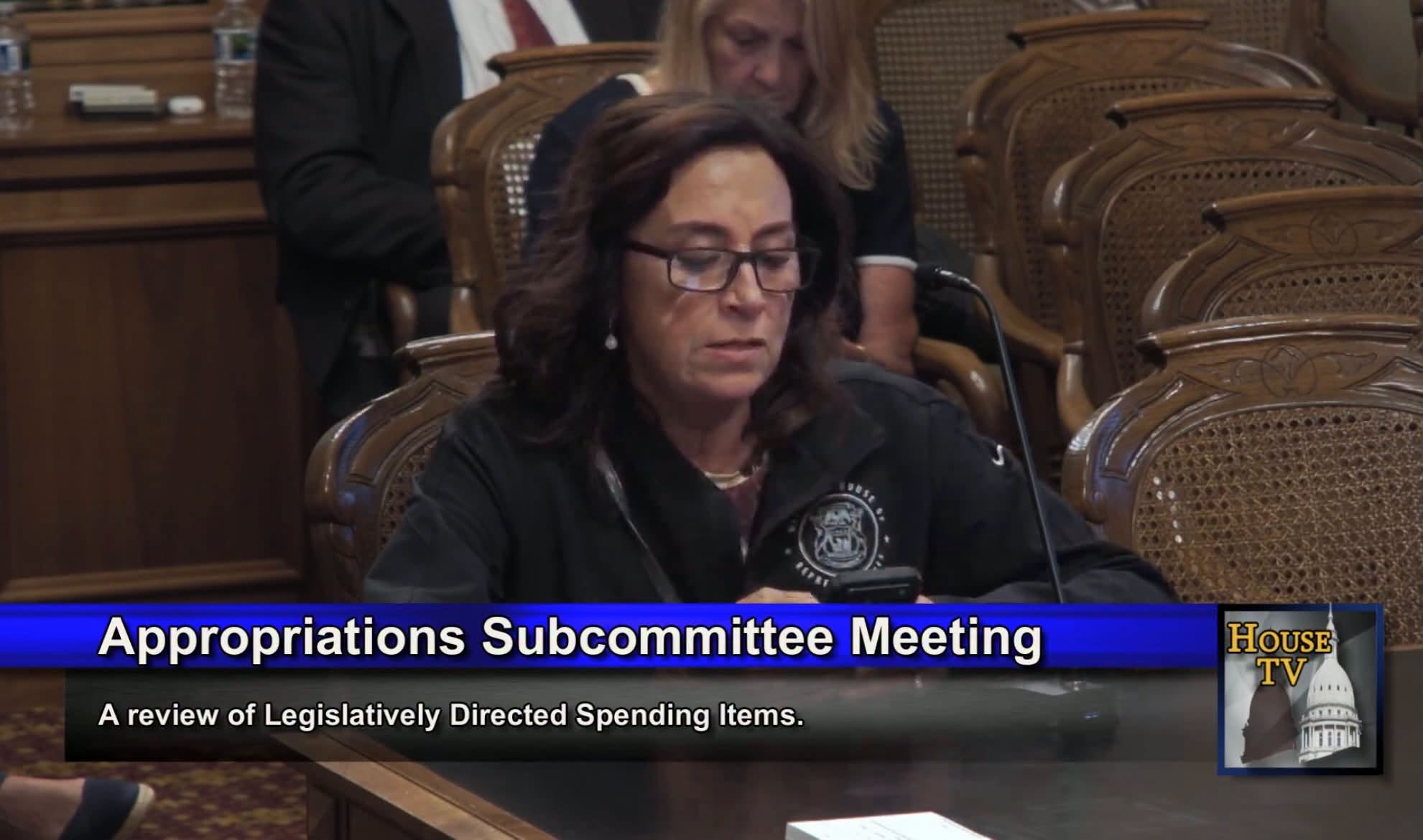 A screenshot of a recording on House TV showing state Representative Angela Witwer testifying before the Appropriations Subcommittee Meeting. Along the bottom of the screenshot reads "A review of Legislatively Directed Spending Items."