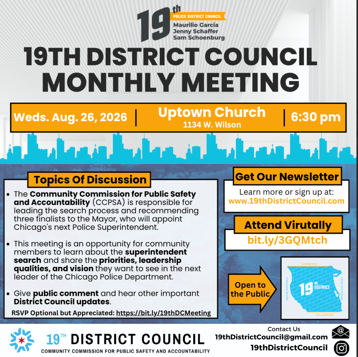 The 19th District Council meets August 26, 2026, at 6:30 p.m. at Uptown Church, 1134 W. Wilson Ave., with discussion focused on the Chicago Police Superintendent search, public comment, and District Council updates.