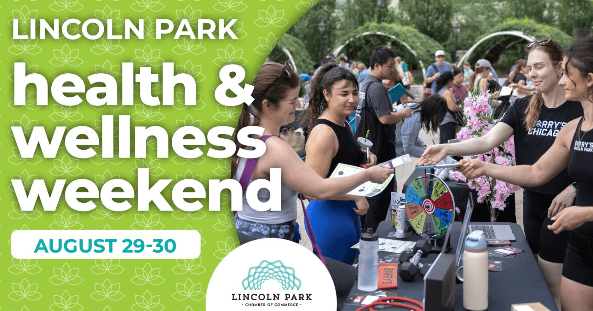Lincoln Park Health & Wellness Weekend promotional graphic featuring attendees visiting local health and fitness vendors. The event takes place August 29–30 and is presented by the Lincoln Park Chamber of Commerce.