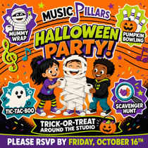 Halloween Studio Party. Please RSVP by Friday, October 16th. Mummy Wrap, Pumpkin Bowling, Tic-Tac-Boo, Scavenger Hunt, Trick-or-Treat Around the Studio.