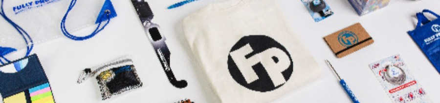 Display of various Fully Promoted items including socks, notebooks, and fans