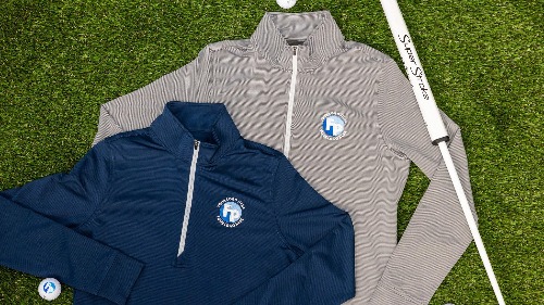 A blue and Grey golf Quarter Zip with the Fully Promoted logo embroirdered on.