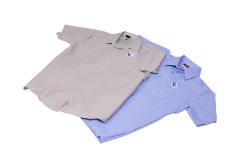 Two workwear shirts, one purple and one grey. Both have an embroidered Fully Promoted