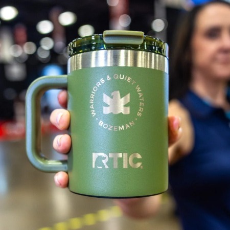 A green branded cup with a RTIC logo.