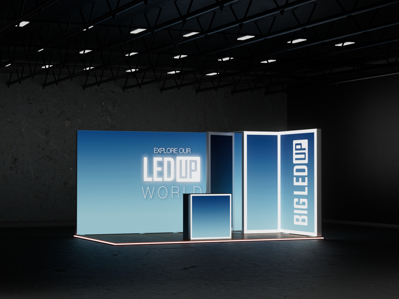 Stand Modular BIG LED UP 5x3 iluminado con tecnología LED Osram, mostrando estructura con puerta lateral abierta y mostrador frontal. Stand Modular BIG LED UP 5x3 iluminado con tecnología LED Osram, mostrando estructura con puerta lateral abierta y mostrador frontal.