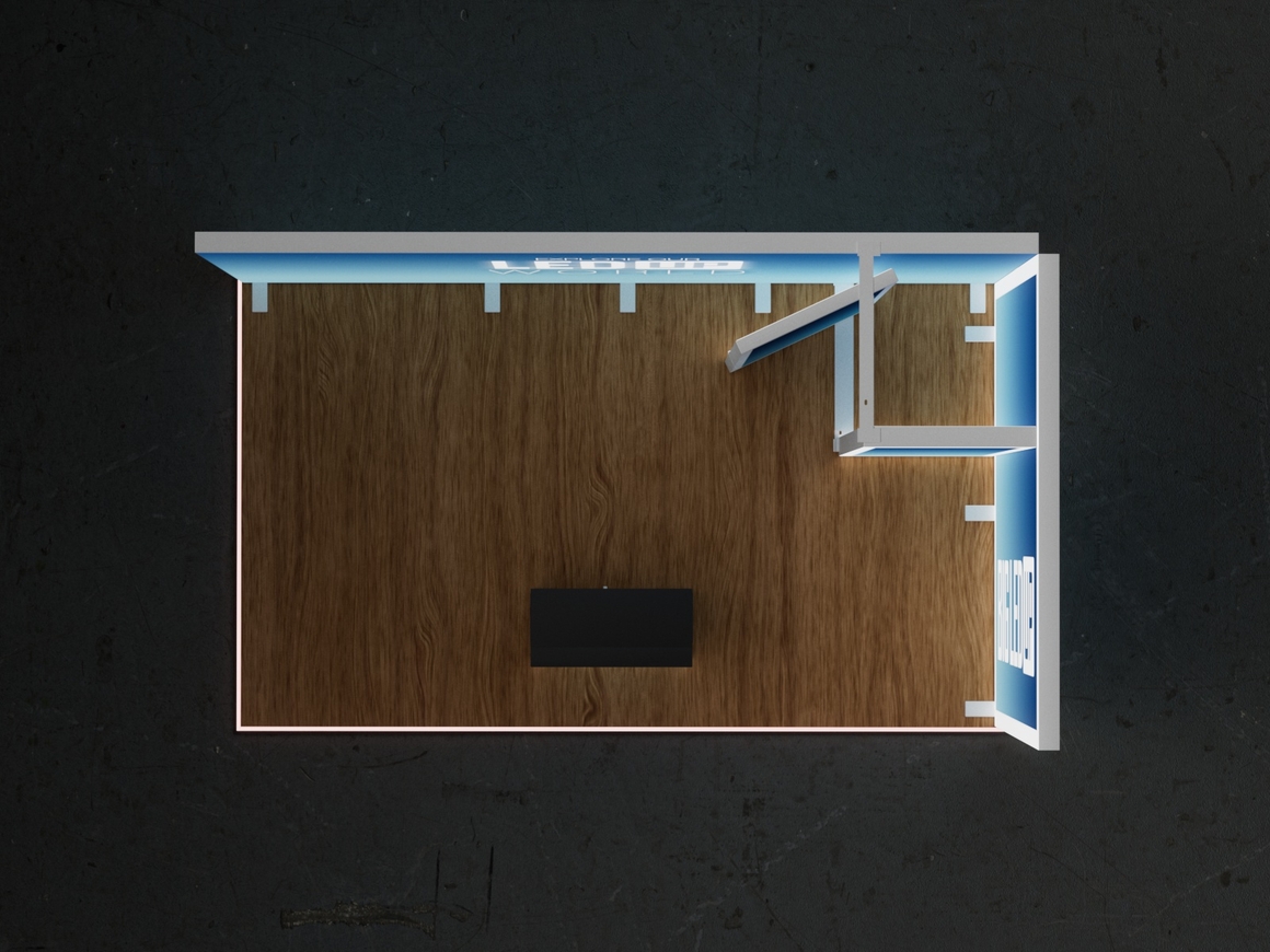 Vista aérea del Stand BIG LED UP 5x3 mostrando distribución interior con puerta, zona privada y mostrador central. Vista aérea del Stand BIG LED UP 5x3 mostrando distribución interior con puerta, zona privada y mostrador central.