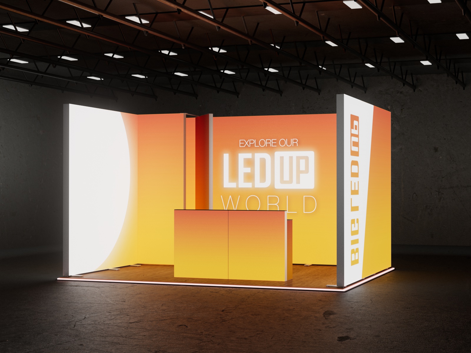 Stand Modular BIG LED UP 5x4 con iluminación LED envolvente, puerta lateral y mostradores retroiluminados personalizados. Stand Modular BIG LED UP 5x4 con iluminación LED envolvente, puerta lateral y mostradores retroiluminados personalizados.
