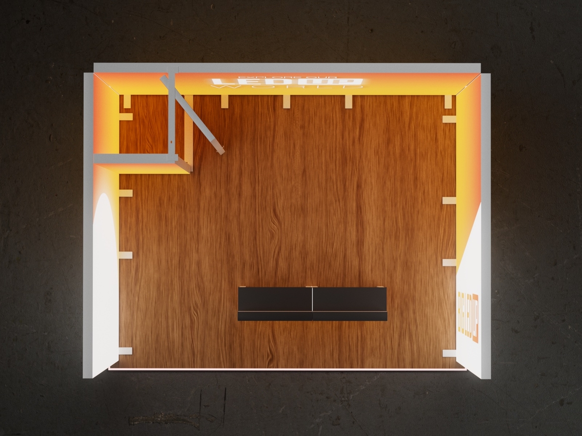 Vista superior del Stand BIG LED UP 5x4 mostrando disposición interna con puerta, zona privada y mostradores. Vista superior del Stand BIG LED UP 5x4 mostrando disposición interna con puerta, zona privada y mostradores.