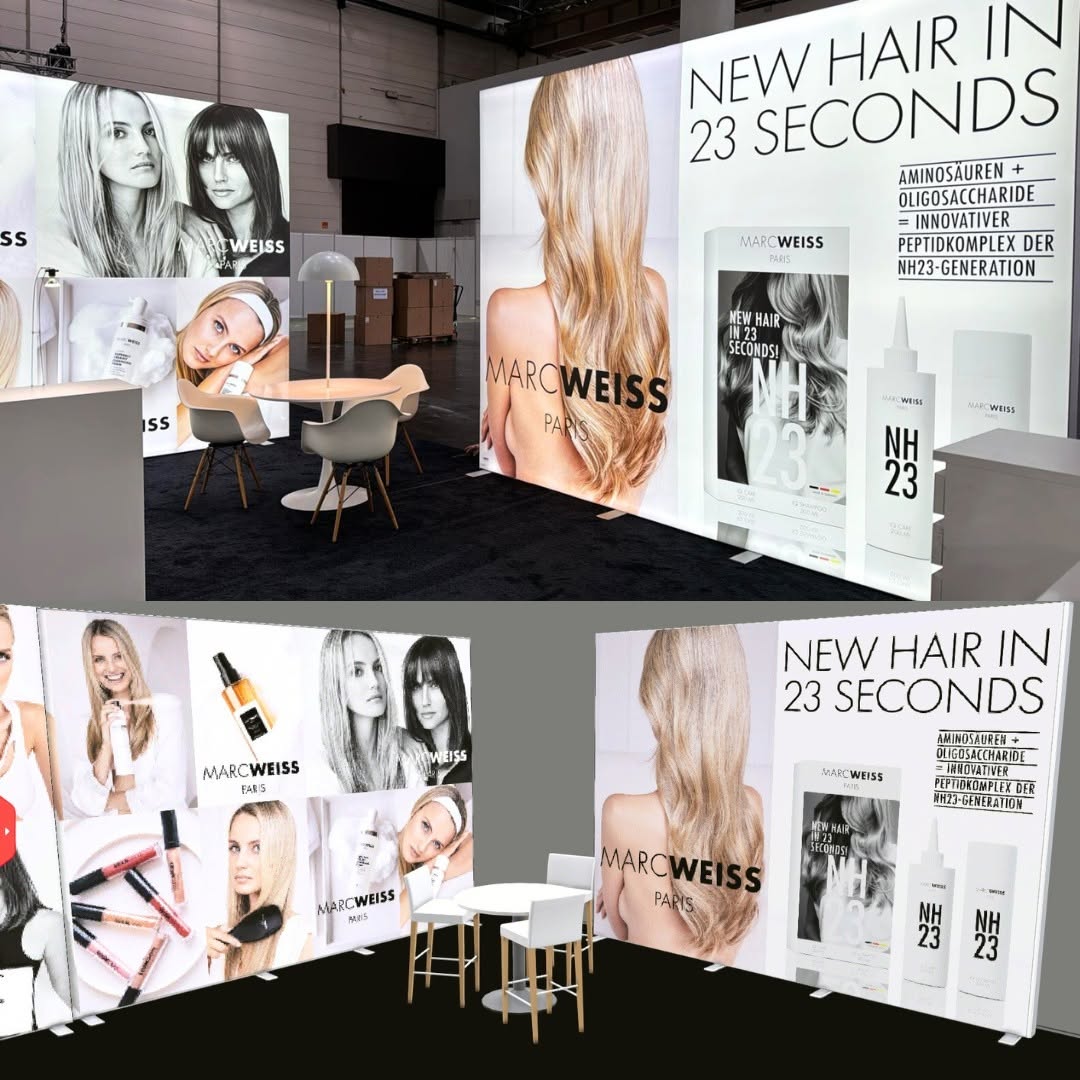 Stand retroiluminado con cajas de luz BIG LEDUP personalizadas para Marc Weiss. Estructura modular con gráfica textil a doble cara para cosmética profesional.