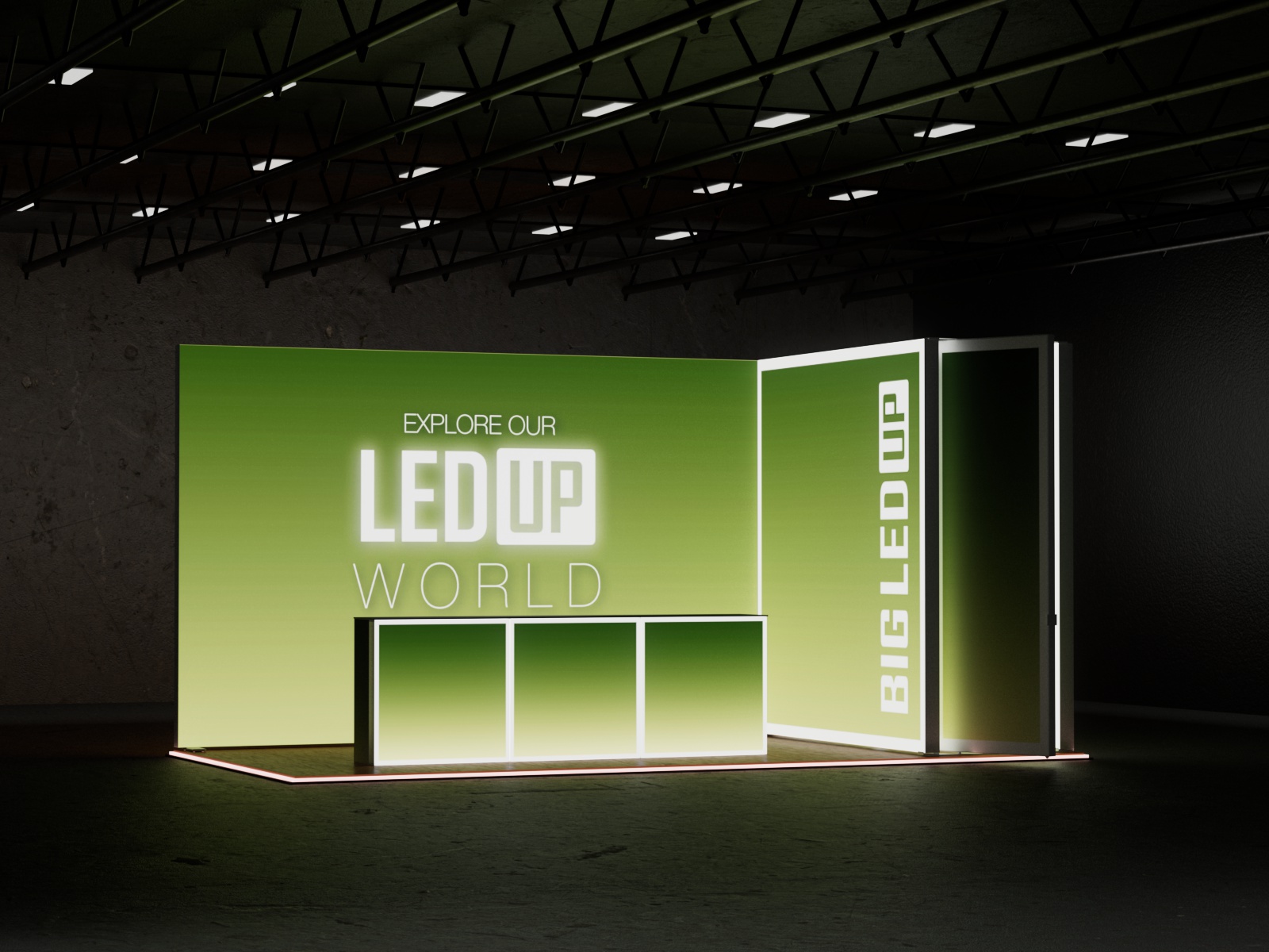 Stand BIG LED UP 6x3 retroiluminado con estructura modular, puerta iluminada y 3 mostradores personalizados. Stand BIG LED UP 6x3 retroiluminado con estructura modular, puerta iluminada y 3 mostradores personalizados.