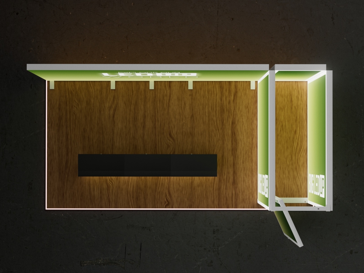 Vista superior del Stand BIG LED UP 6x3 mostrando disposición con puerta lateral y distribución de mostradores. Vista superior del Stand BIG LED UP 6x3 mostrando disposición con puerta lateral y distribución de mostradores.
