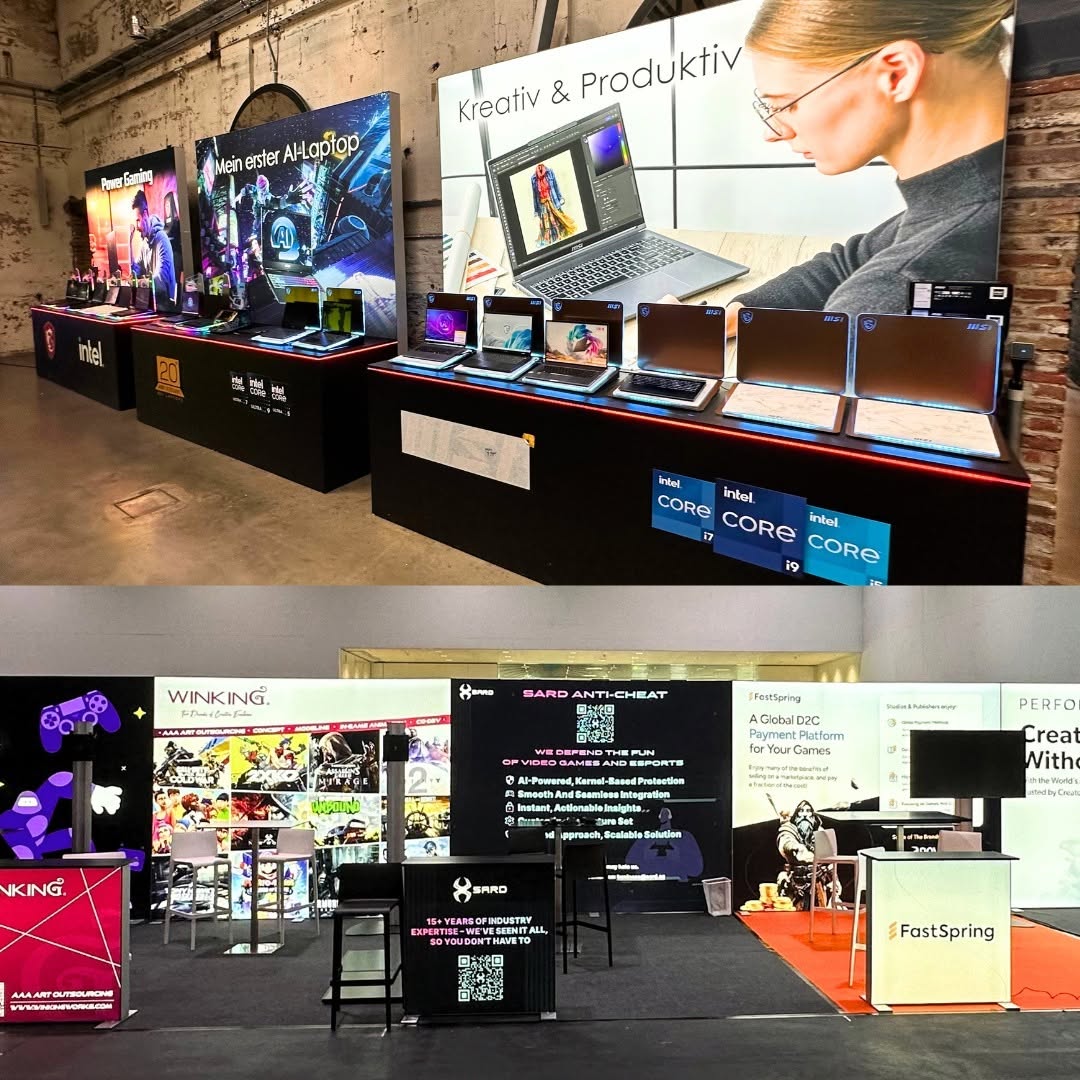 Cajas de luz BIG LEDUP con impresión textil para stands tecnológicos. Solución modular retroiluminada para ferias del sector IT y videojuegos.