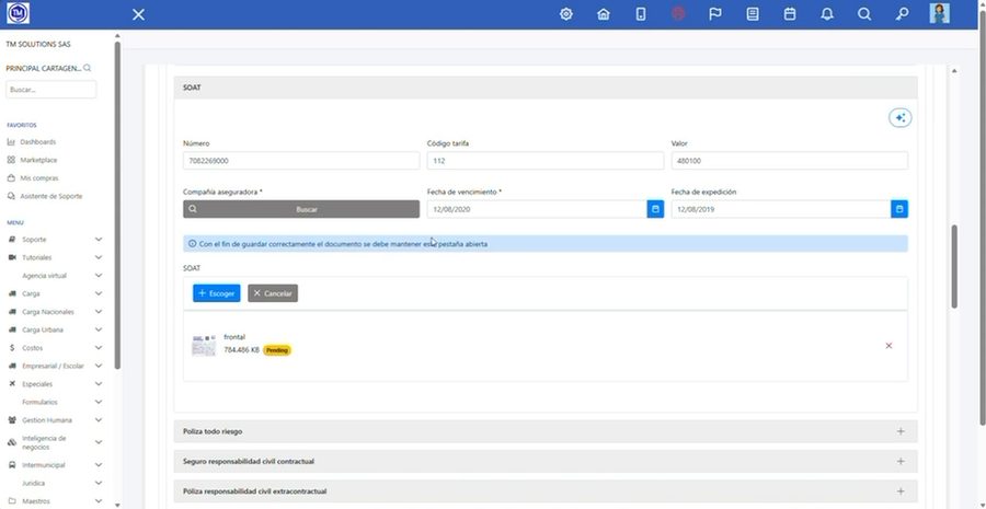 SOAT diligenciado automáticamente por el Asistente IA de TM Land