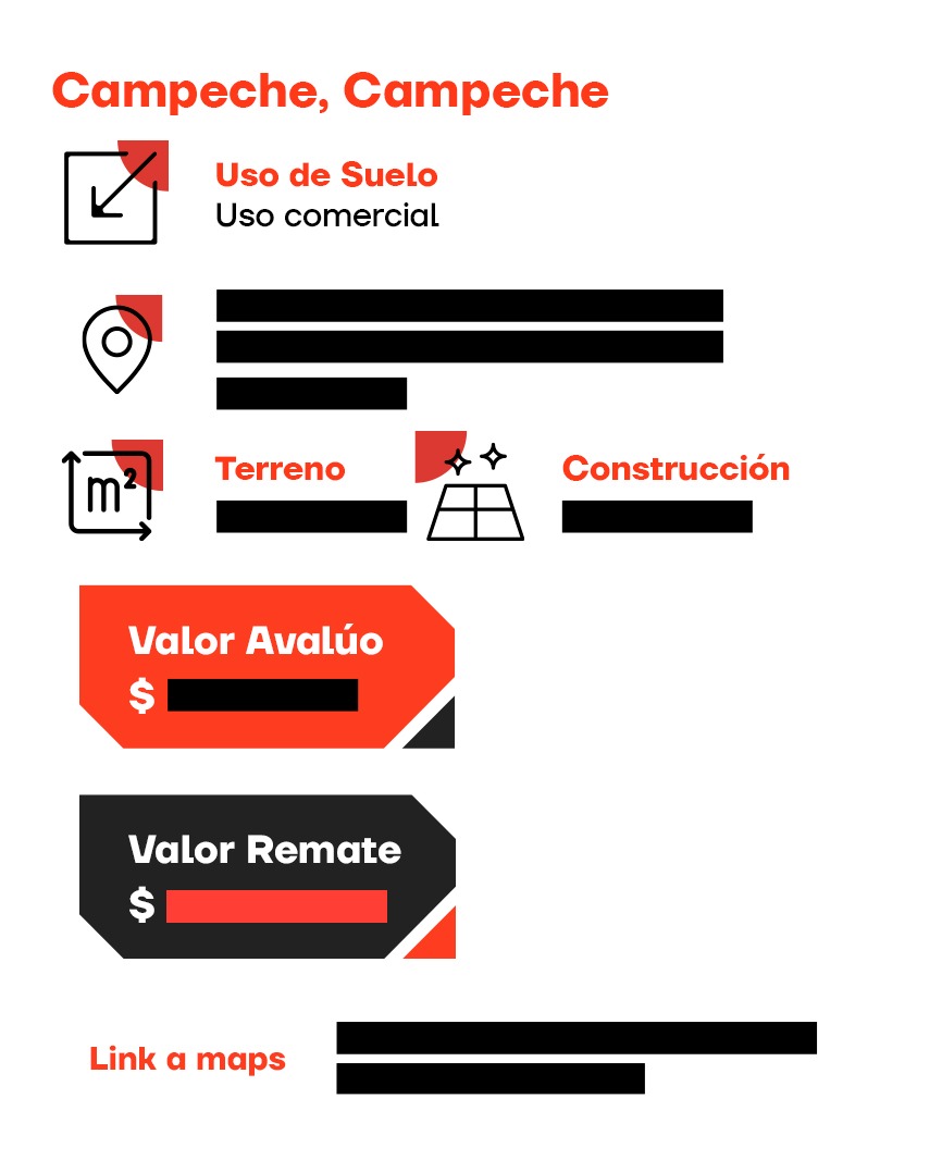 Ficha técnica: uso de suelo comercial, terreno, construcción, valor de avalúo y valor de remate