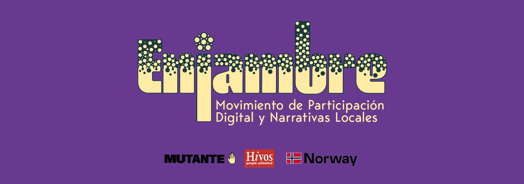 Logo de Enjambre, Movimiento de Participación Digital y Narrativas Locales, acompañado de los logos de quienes lo hacen posible: Mutante, medio de comunicación alternativo; Hivos, organización internacional de desarrollo, y La Embajada de Noruega.