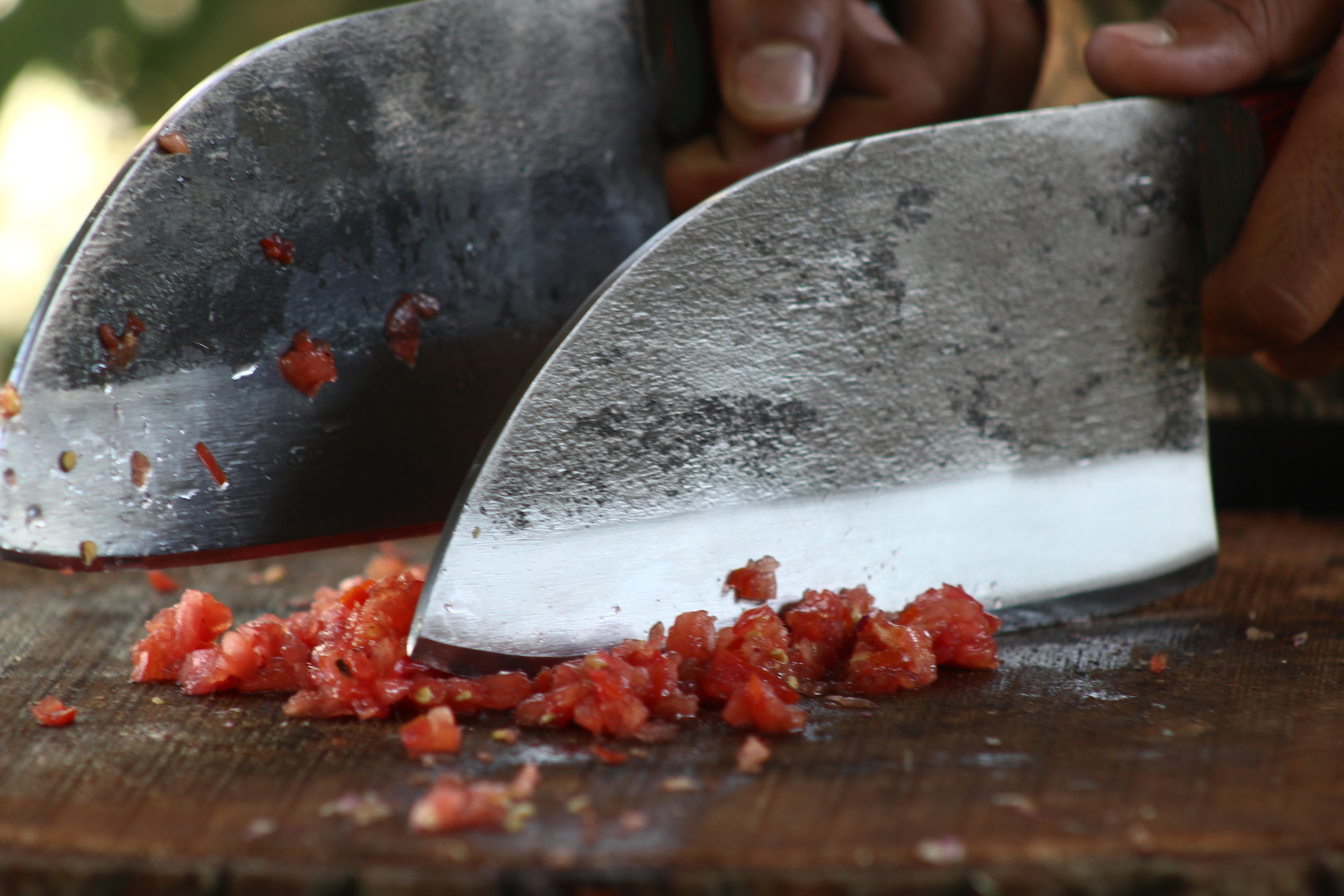 A hand holding a knife, showing its balance