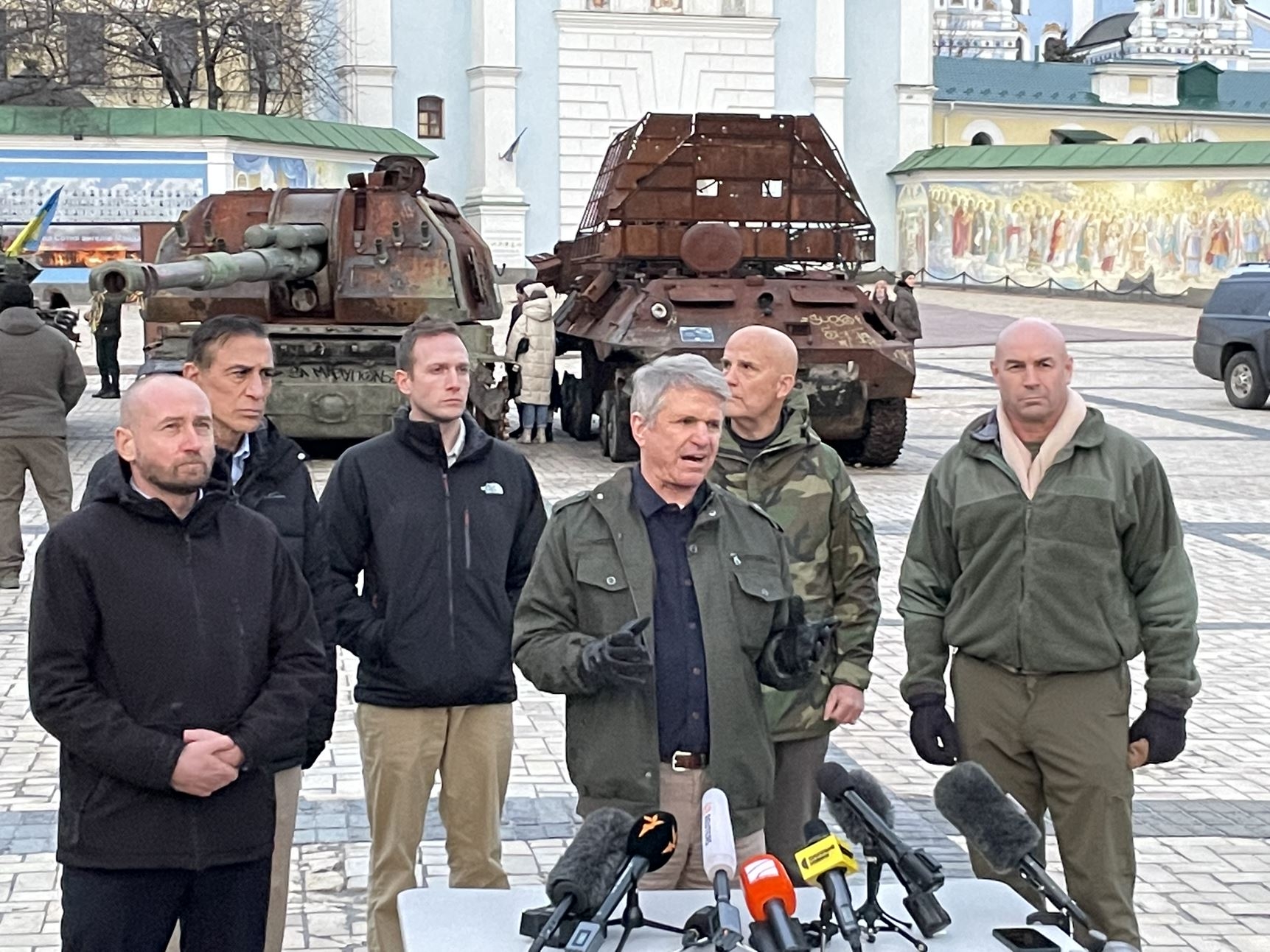 Max Miller participates in a press conference with other members of Congress in worn torn Ukraine.