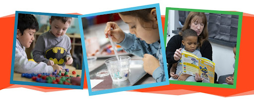 A collage of three pictures outlined in blue and green on an orange banner. From left to right the images are of two boys playing with Legos, a girl working on a science experiment, and a little boy sitting in his teacher's lap as she reads to him. A collage of three pictures outlined in blue and green on an orange banner. From left to right the images are of two boys playing with Legos, a girl working on a science experiment, and a little boy sitting in his teacher's lap as she reads to him.