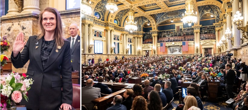 Rep. Salisbury taking the oath (left) and the House chamber (right)