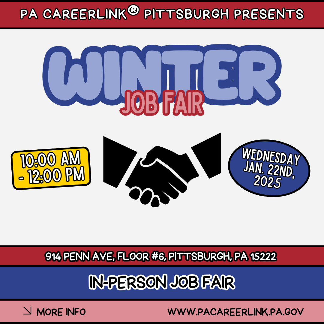 A graphic promoting a Jan. 22 10 am - noon career fair at 914 Penn Ave., Floor #6, in Pittsburgh