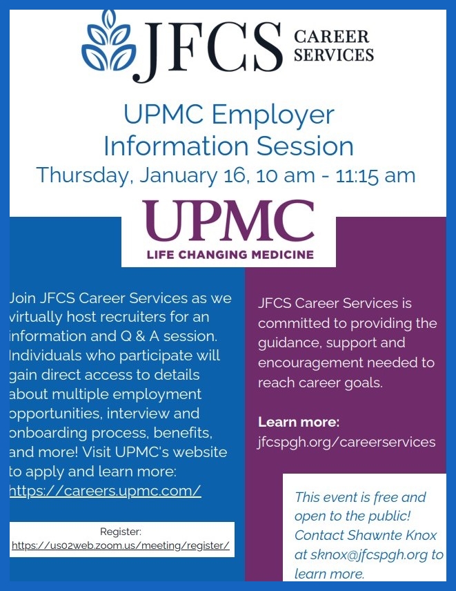 A graphic promoting a Jan. 16 online UPMC employer information session  from 10 a.m. to 11:15 a.m.