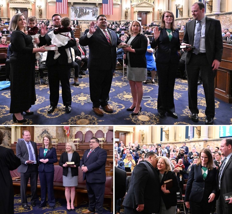 Collage of images showing the late Rep. Matt Gergely at the Feb. 2023 House swearing-in ceremony with Rep. Salisbury.