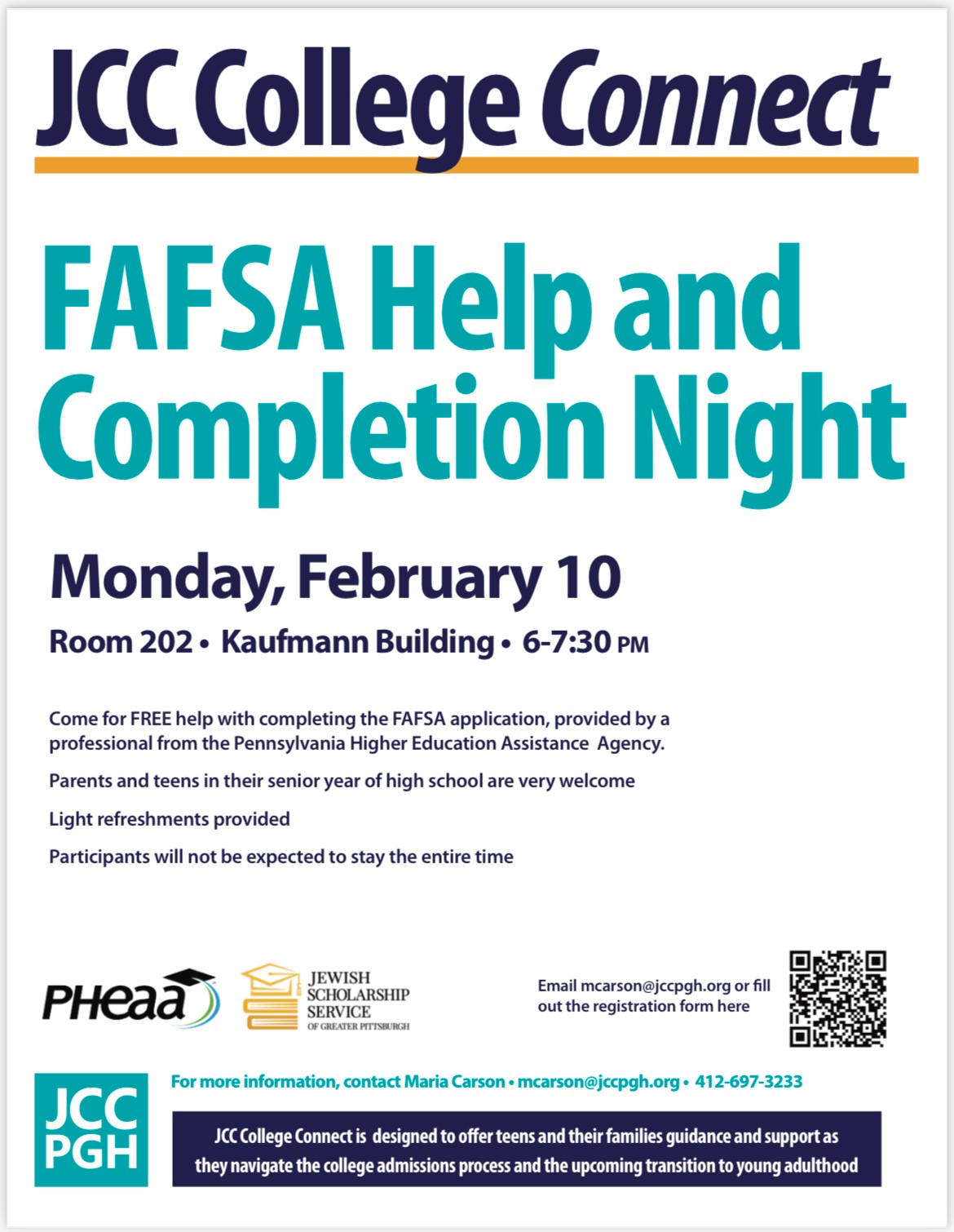 Graphic advertising the Feb. 10 FAFSA assistance session. (Details in text.)