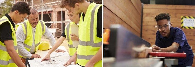 Collage showing student apprentices working on construction related skills.