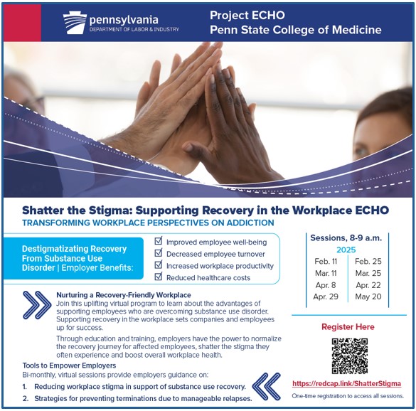 Graphic with details about employer seminars on "shattering the stigma" involving hiring people in recovery. 